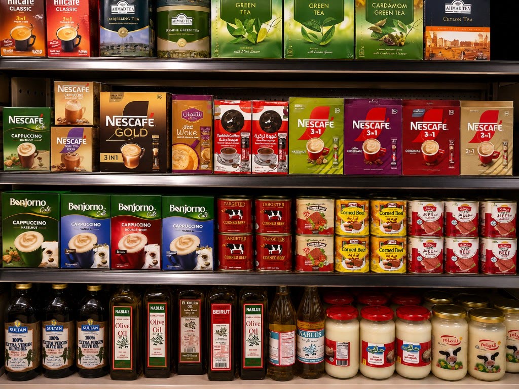 International pantry products, tea, coffee, olive oil, and canned goods